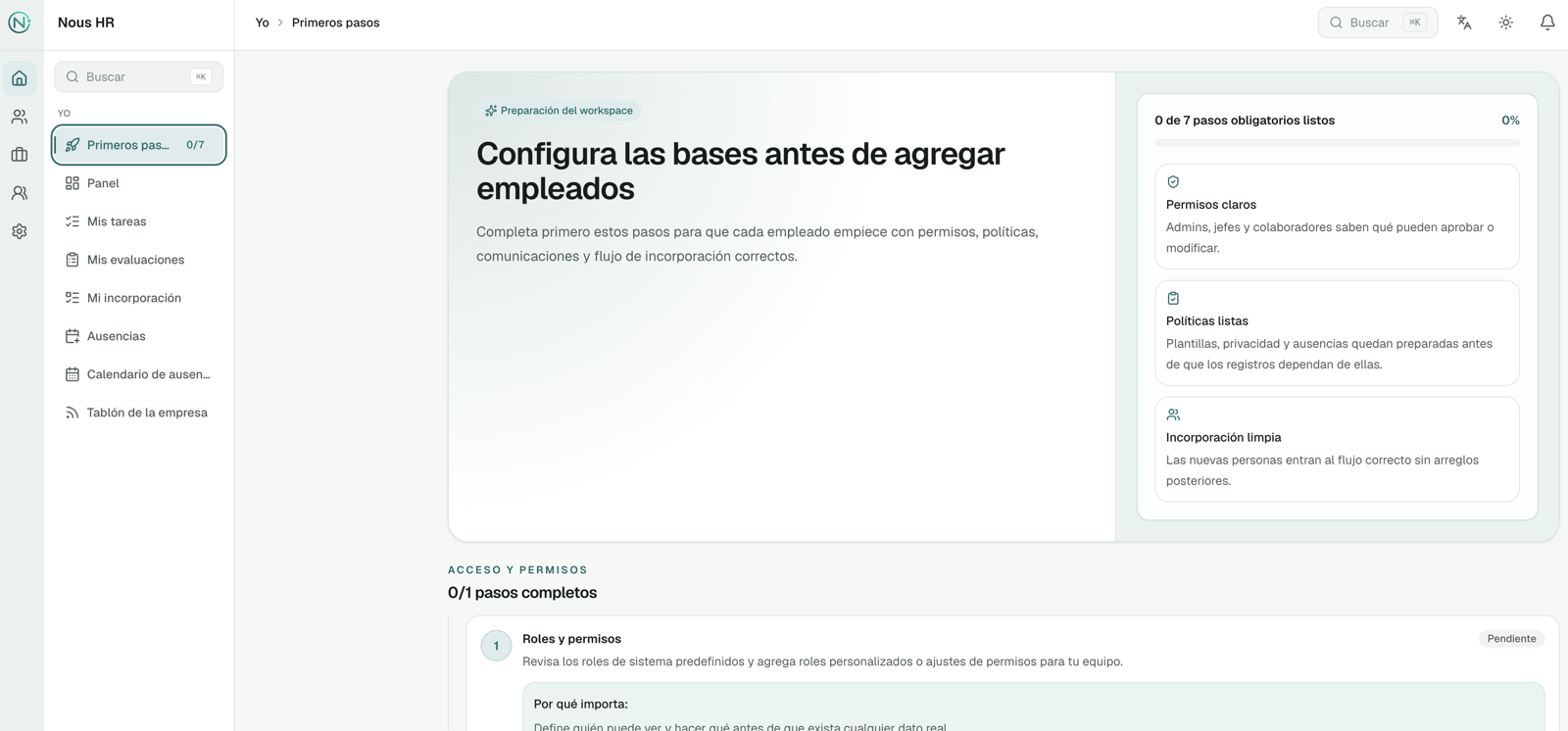 Panel de configuración guiada de Nous HR, con los pasos de permisos, políticas e incorporación.